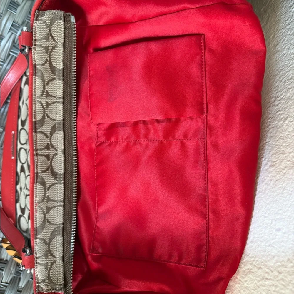 Coach Signature Canvas Tote w/ Red Coral Leather Trim – F23297 - Picture 13 of 16